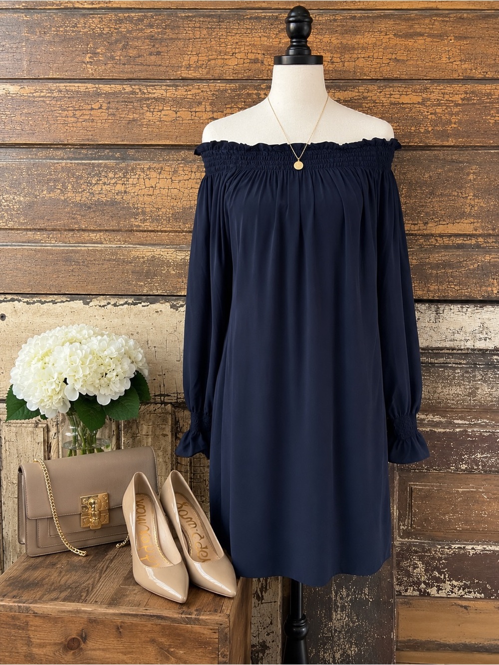 100% Silk Off Shoulder Dress | Jenny Han Navy Blue Shift Dress | Size S | NWOT